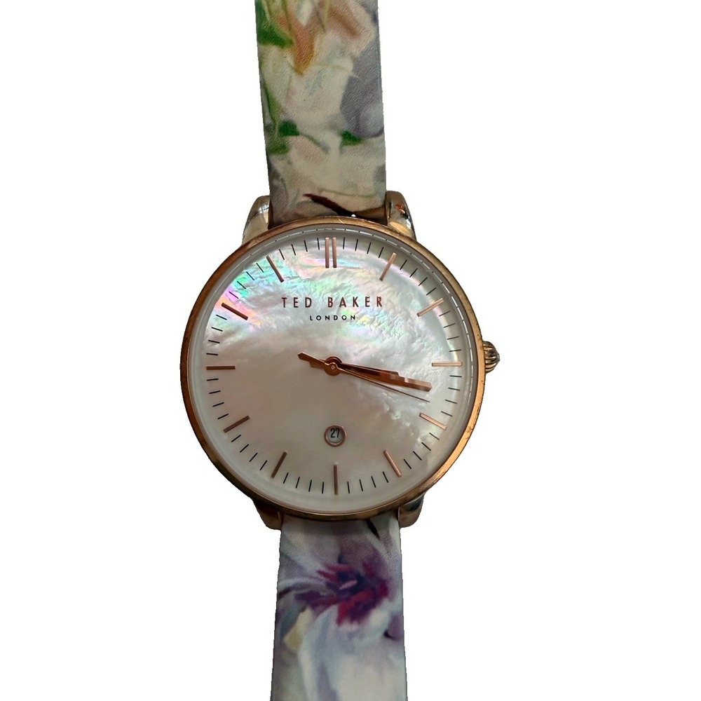Ted Baker Women's Floral Leather Watch Rose Gold MOP Dial Date 40mm Quartz